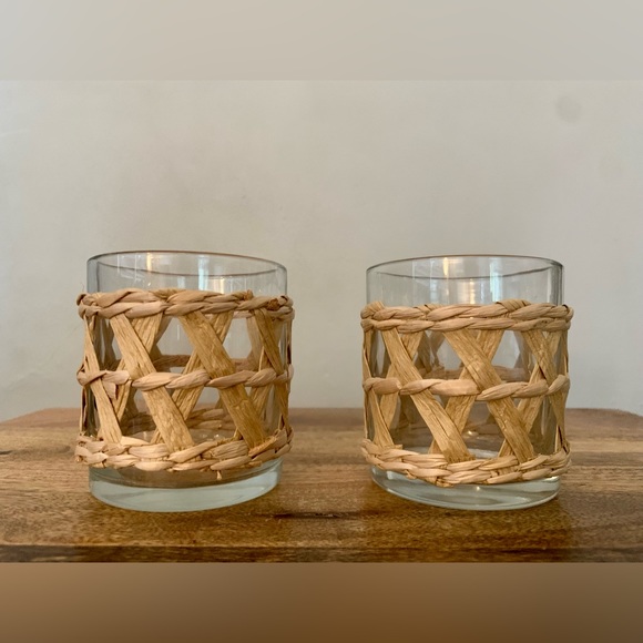 Drinking Glasses, Hand-Woven Lattice, Glass Paper Yarn, Tan, 2 - Picture 3 of 3